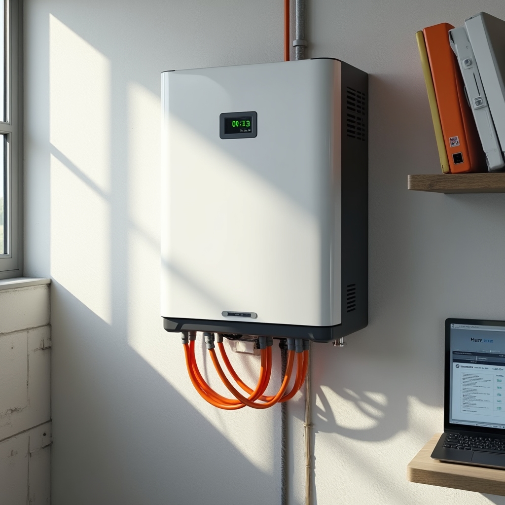 Střídač fotovoltaické elektrárny namontovaný na stěně technické místnosti