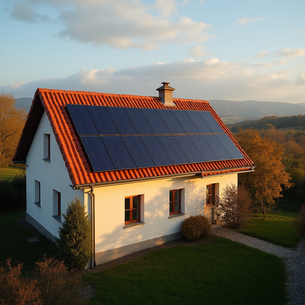 Solární panely na střeše rodinného domu v České republice